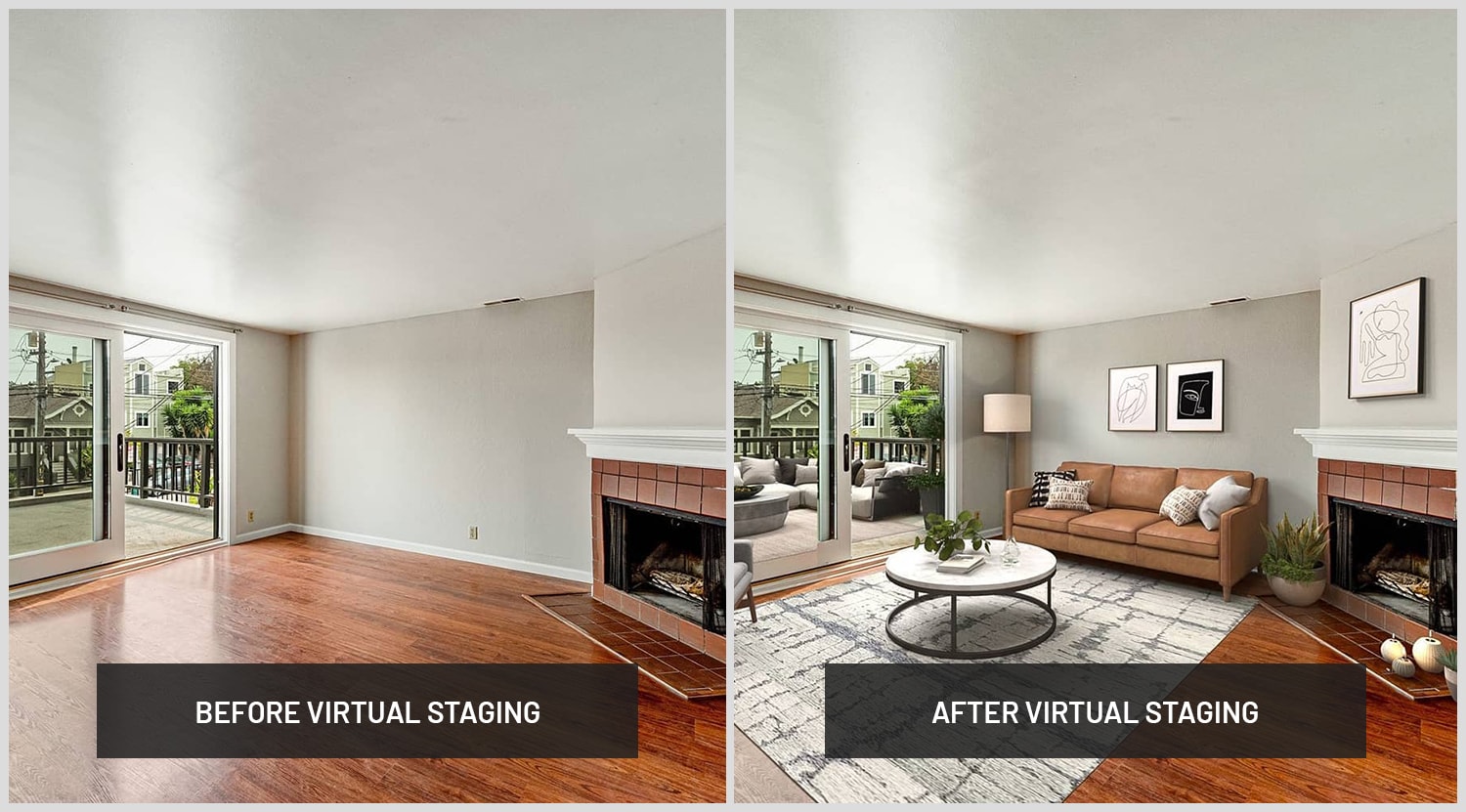 Virtual staging before and after living room